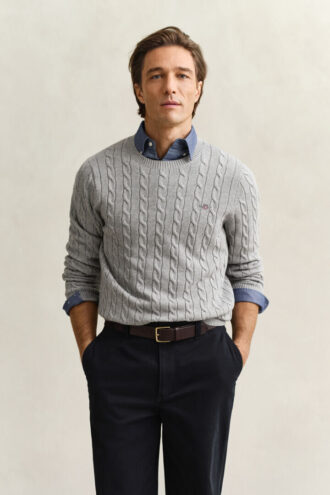 Bawełniany sweter z okrągłym dekoltem o splocie typu cable