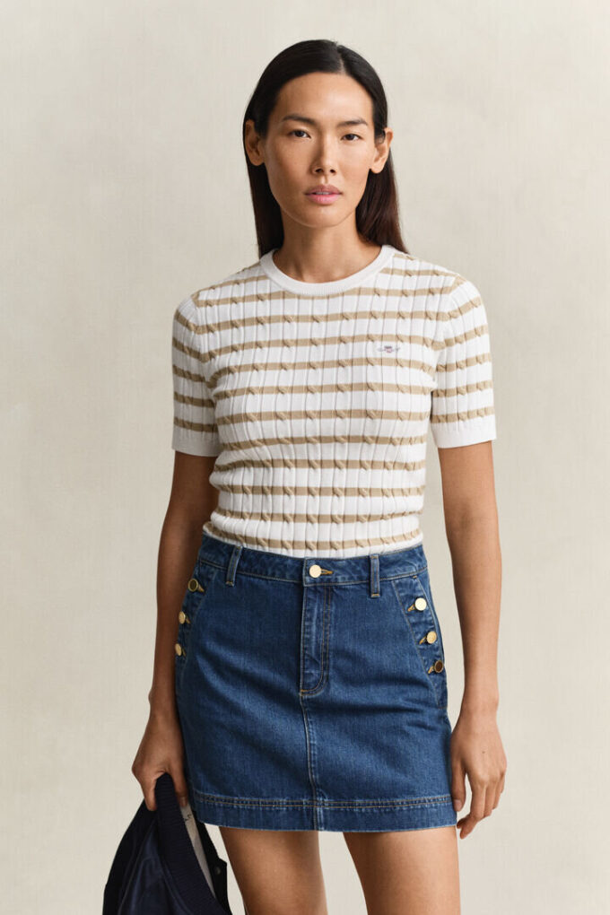 Sweter w paski z dzianiny typu cable knit w szortach z krótkim rękawem