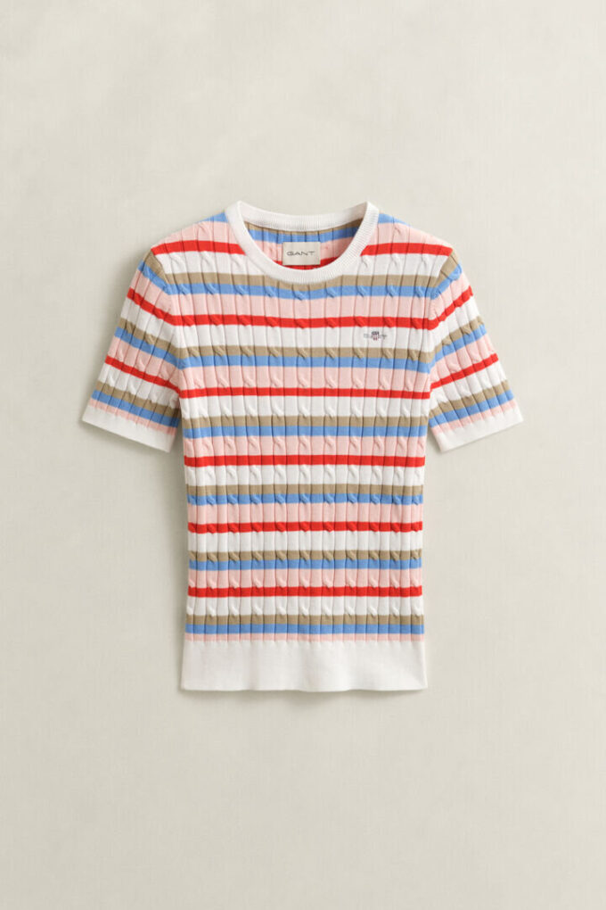 Sweter w paski z dzianiny typu cable knit w szortach z krótkim rękawem