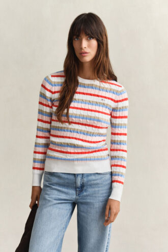 Sweter w paski z dzianiny typu cable knit z okrągłym dekoltem