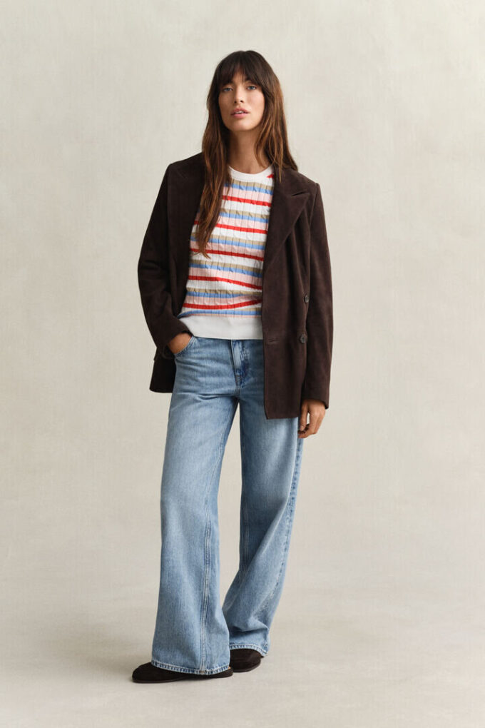 Sweter w paski z dzianiny typu cable knit z okrągłym dekoltem