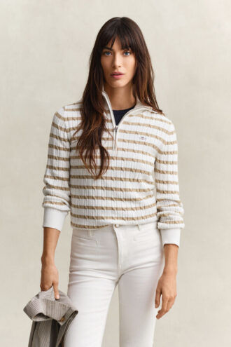 Sweter w paski z dzianiny typu cable knit z półzamkiem